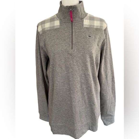 Vineyard Vines Tops - Vineyard Vines JERSEY 1/4 ZIP BUFFALO CHECK SHOULDER GRAY HEATHER size S